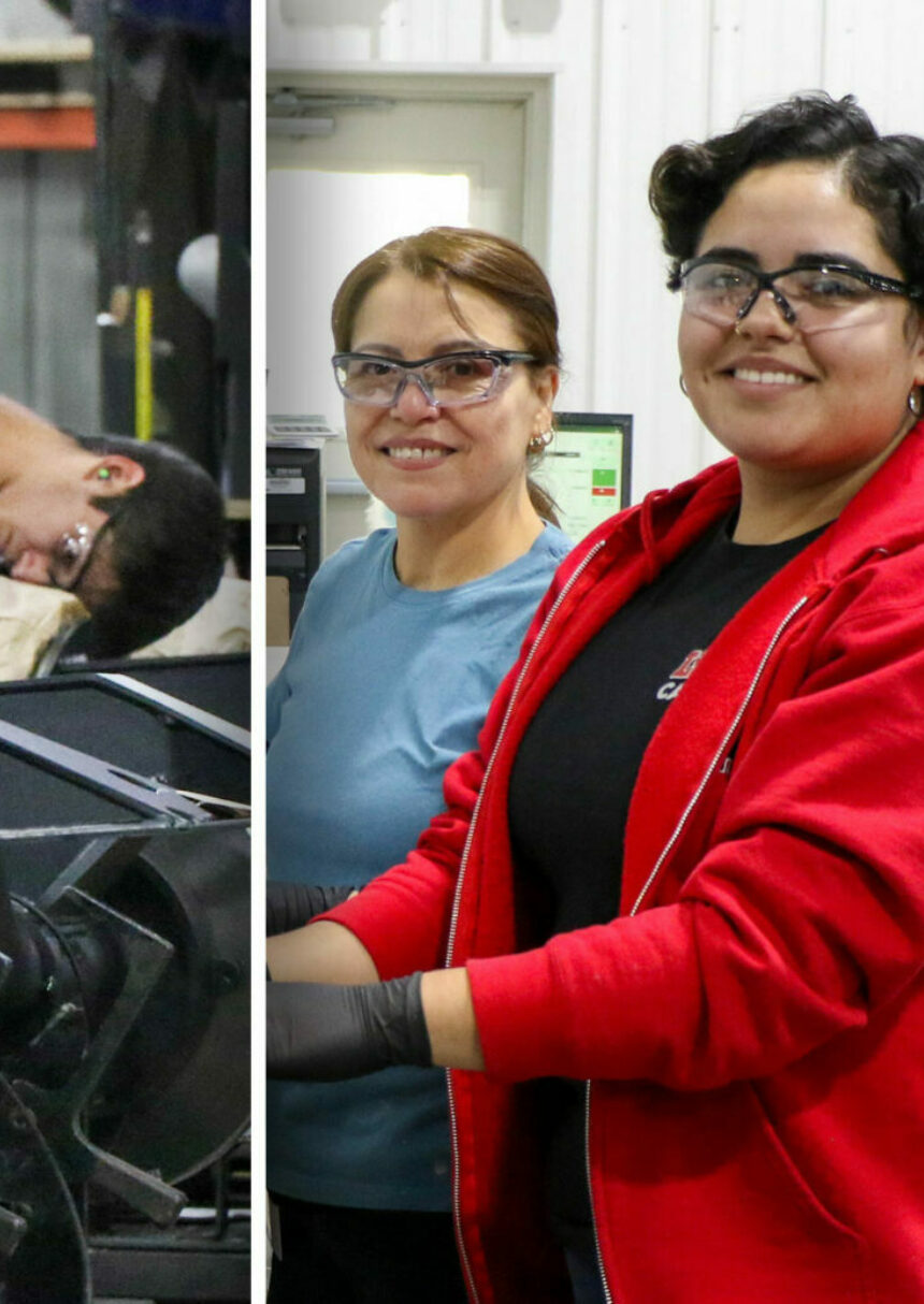 A photo-collage featuring employees from Link's paint line, auxiliary axle, Cat's Eye, shipping and manufacturing engineering teams.
