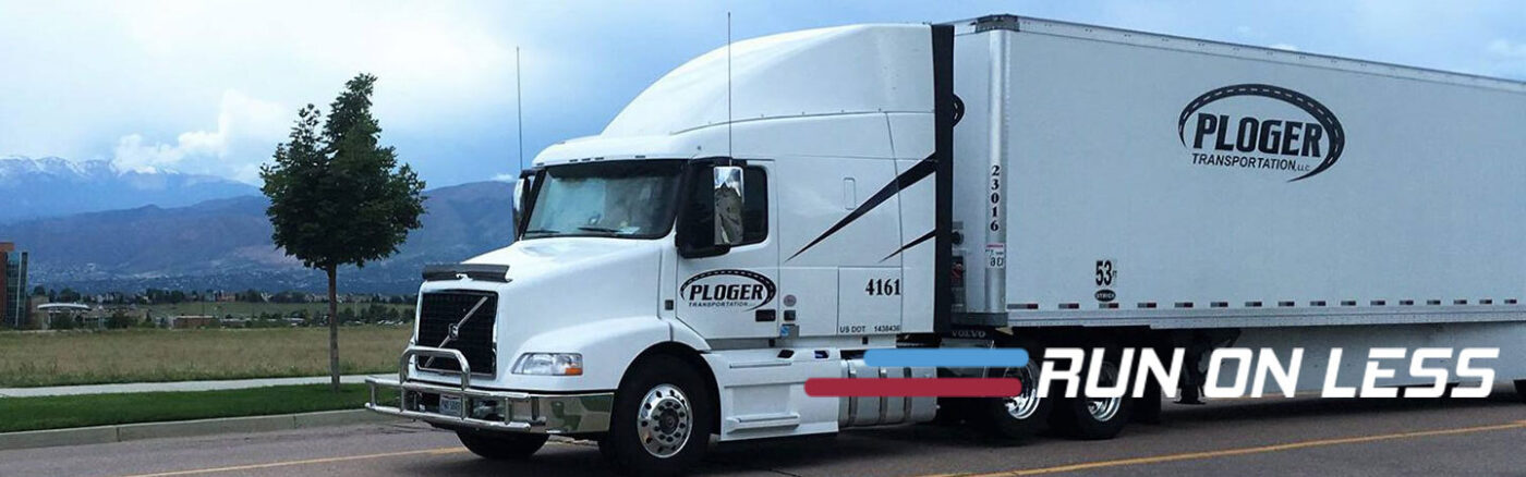 Run on Less header featuring a Ploger Semi truck hauling a ploger trailer
