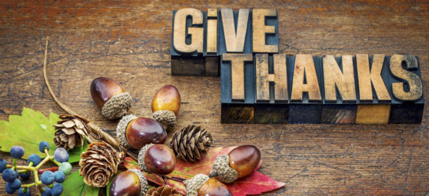 Block letters reading "Give Thanks" on a wooden able with acorns, pinecones, maple leaves and blueberries