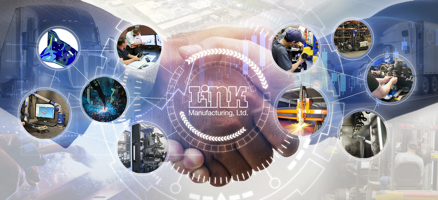 Hands shaking with Link's logo and photos of manufacturing processes