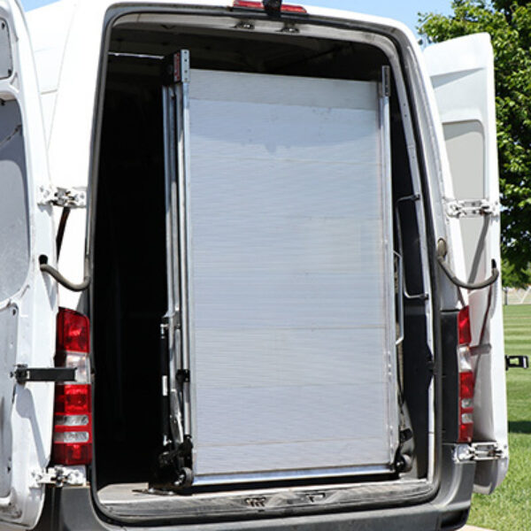 LB20 Ramp stored in the folded position in a cargo van with doors open