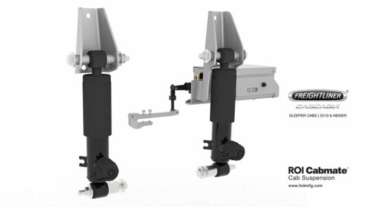 Rendering of the ROI Cabmate model for Cascadia with the Freightliner Cascadia model logo and the ROI Cabmate logo