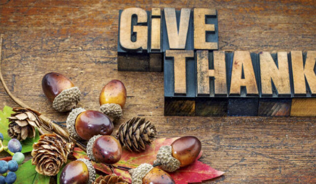 Block letters reading "Give Thanks" on a wooden able with acorns, pinecones, maple leaves and blueberries