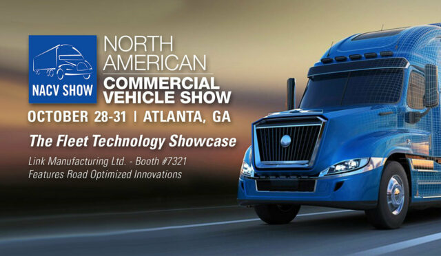 A blue semi truck with the NACV logo along with Link's booth number at the 2019 show