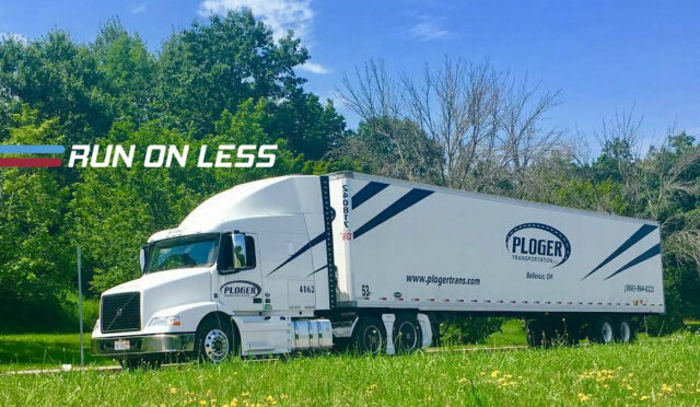 A Ploger Transportation semi truck and trailer with the Run on Less logo overlaid