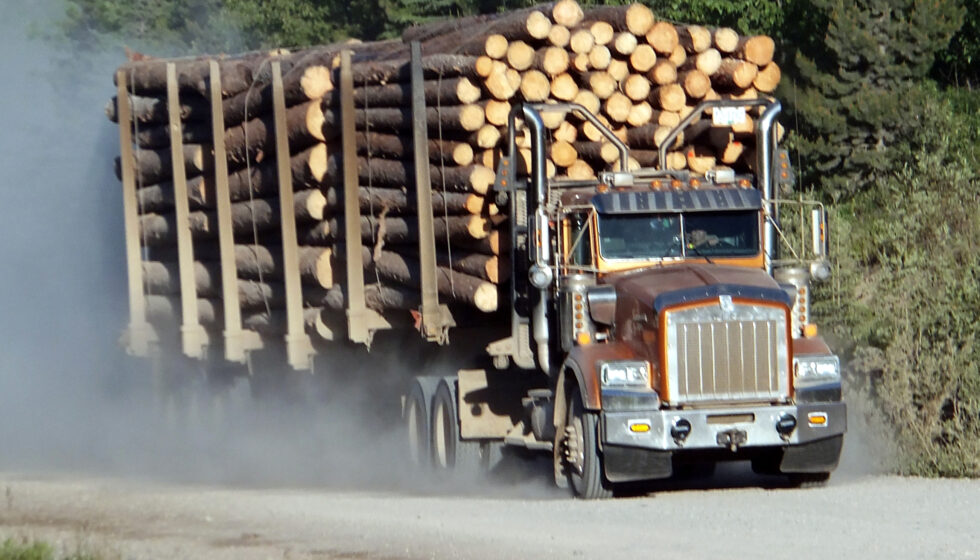 A truck hauling logs from a logging company