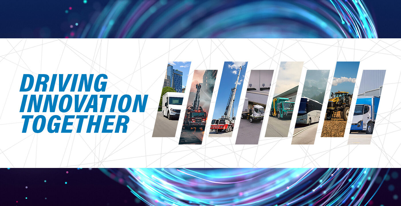 A banner featuring the text "Driving Innovation Together" on the left side, with a collage of specialty market vehicles on the right side.