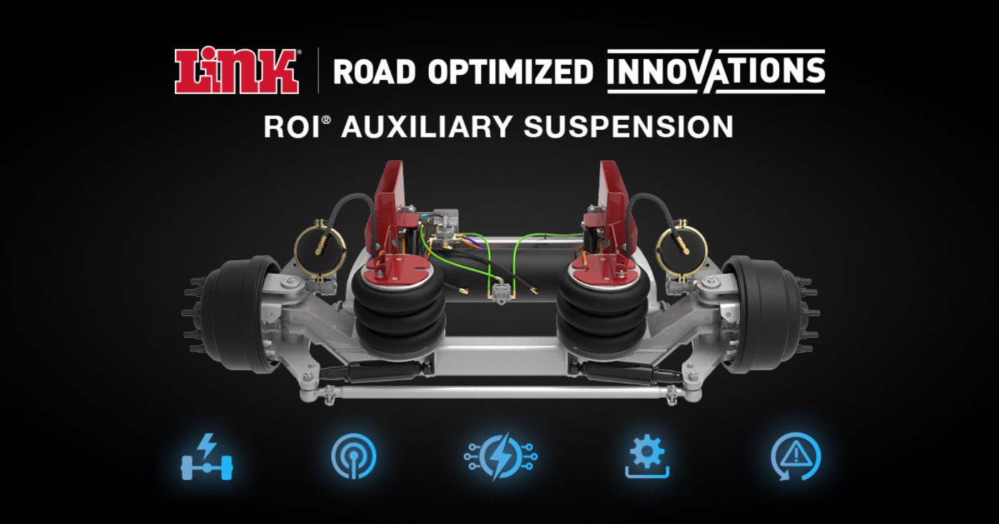 "Link Road Optimized Innovations ROI Auxiliary Suspension" with lift axle rendering
