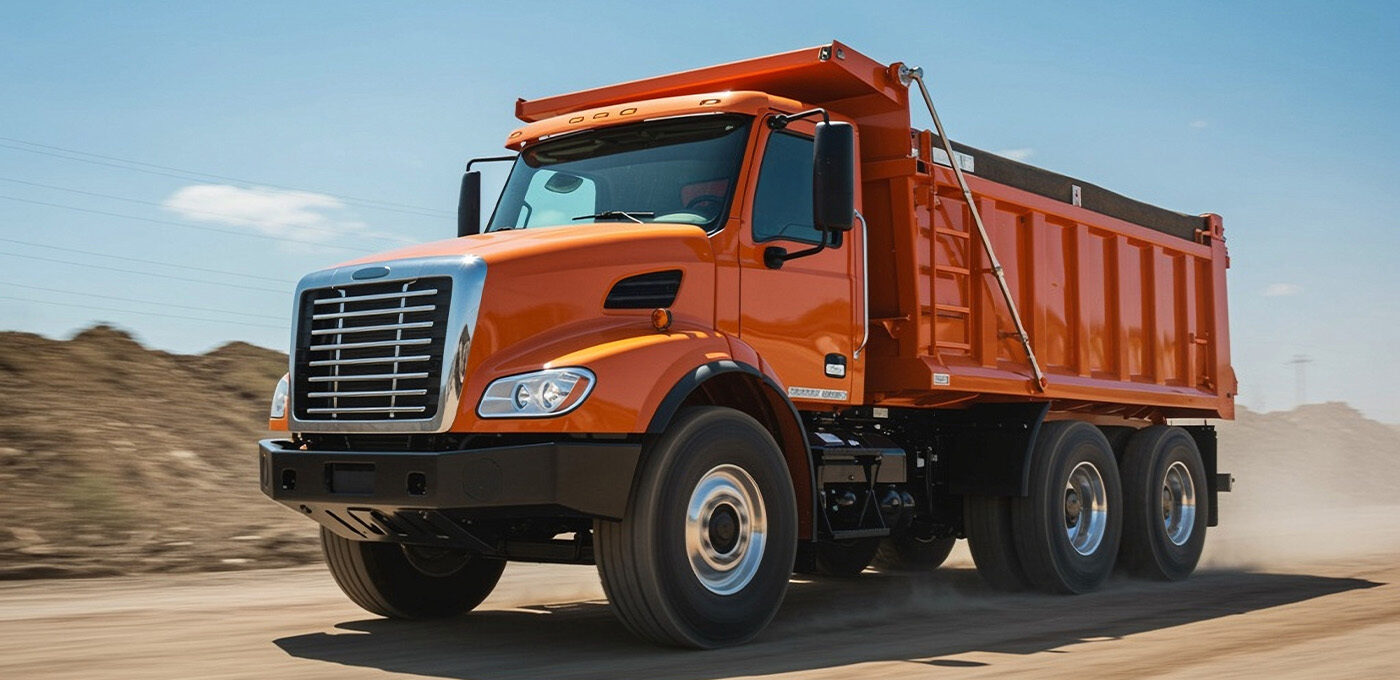 An orange dump truck on a dirt road