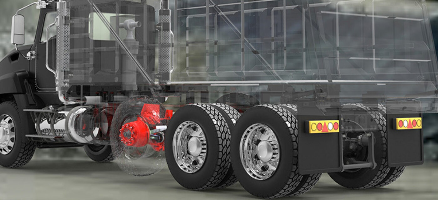 A rendering of a dump truck with a Link lift axle installed