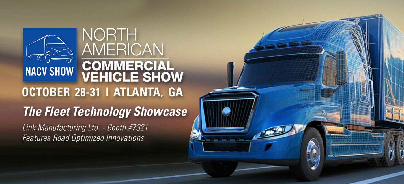 A blue semi truck with the NACV logo along with Link's booth number at the 2019 show
