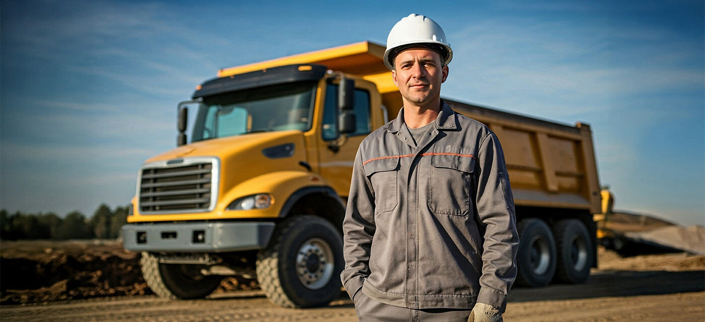 A man in a grey uniform and hardhat standing in front of a yellow dump truck at a dirt worksite