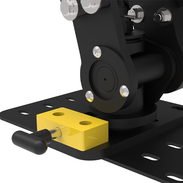 Close up on quick release latch highlighted in yellow on LSR90 aluminum swivel ramp