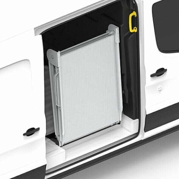 A rendering of the bi-fold mounted ramp folded in the side door of a cargo van