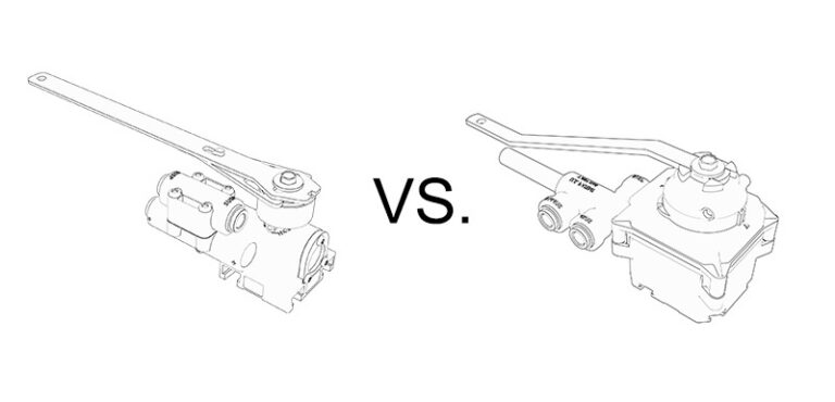 A mechanical height control valve drawing next to an electrical height control valve drawing