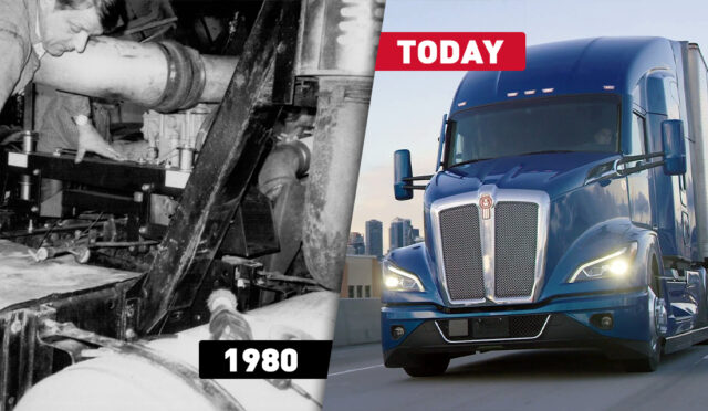 1980 photo of Cabmate install and 2022 Kenworth Semi Cab