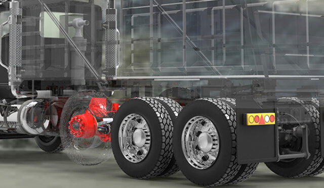 A rendering of a dump truck with a Link lift axle installed