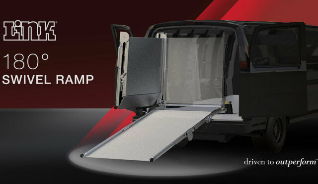 A rendering of a cargo van demonstrating the Link Swivel Ramp's 180 degree swivel capability