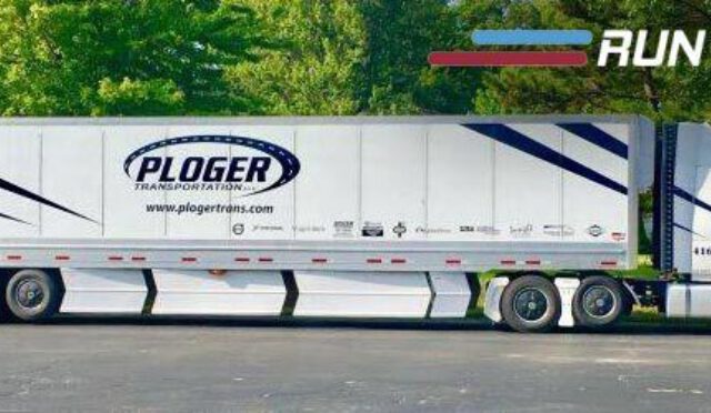 A Ploger Transportation semi truck and trailer overlaid with the Run On Less logo